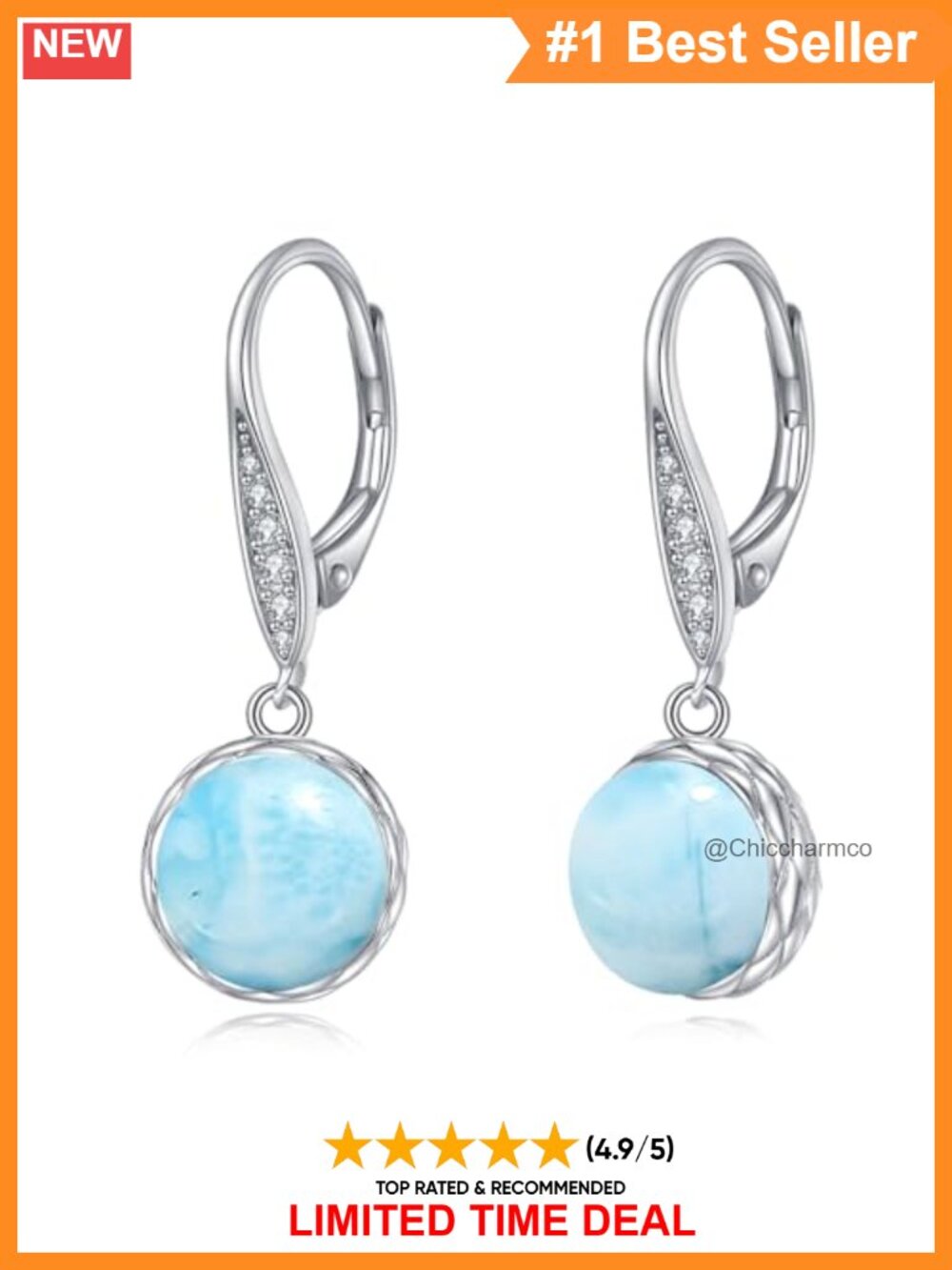 925 Sterling Silver Larimar Dangle Drop Earrings Leverback